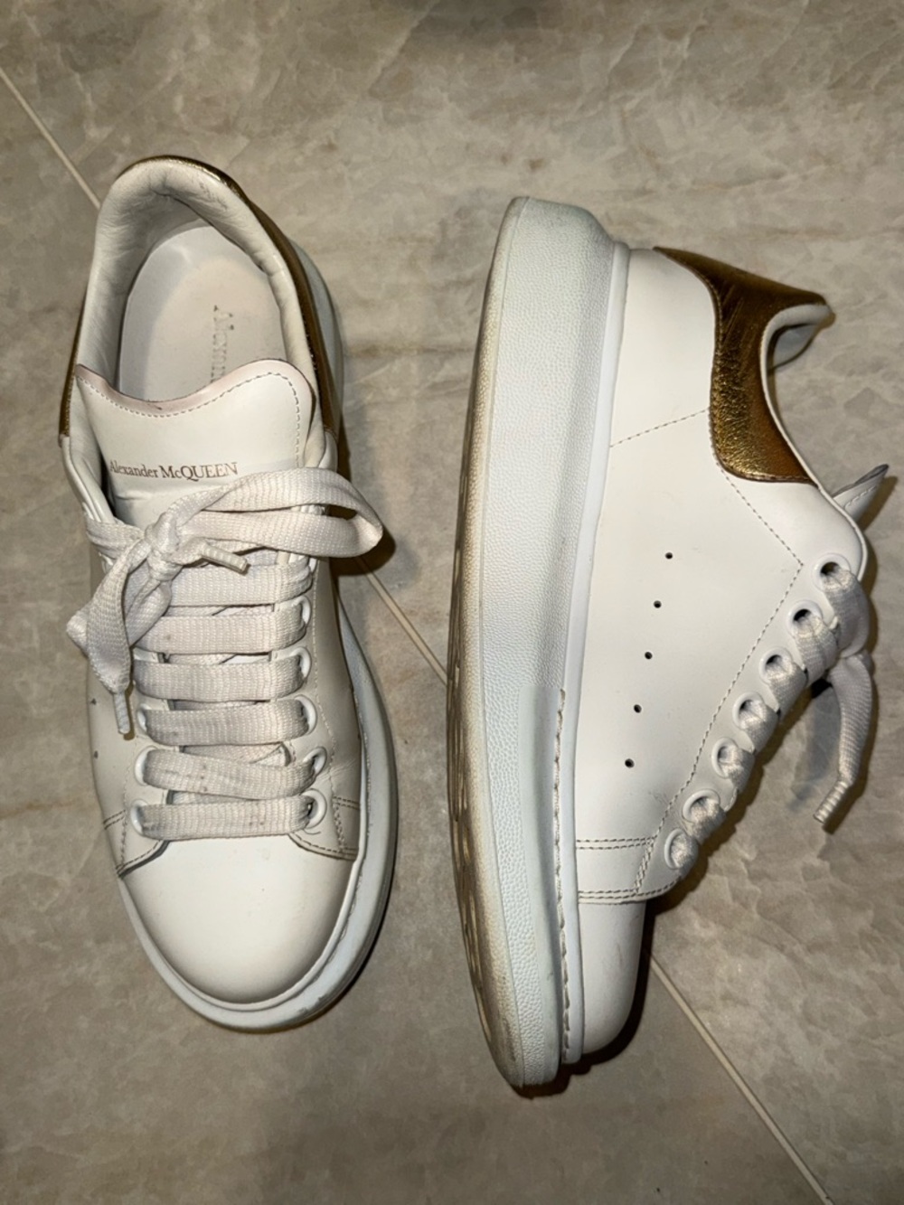 Alexander McQueen White Leather Sneakers with Gold Heel Accent